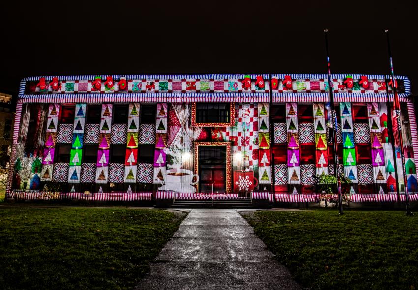 A light show projected onto a building 