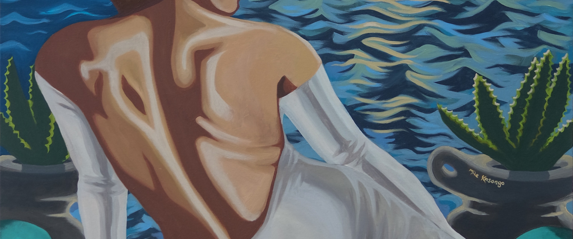 A woman with medium-toned skin and brown hair, wearing a white backless dress poses on a teal lounge chair, overlooking water at sunset. There is an outcropping of land in the distance with a house on top of it. 