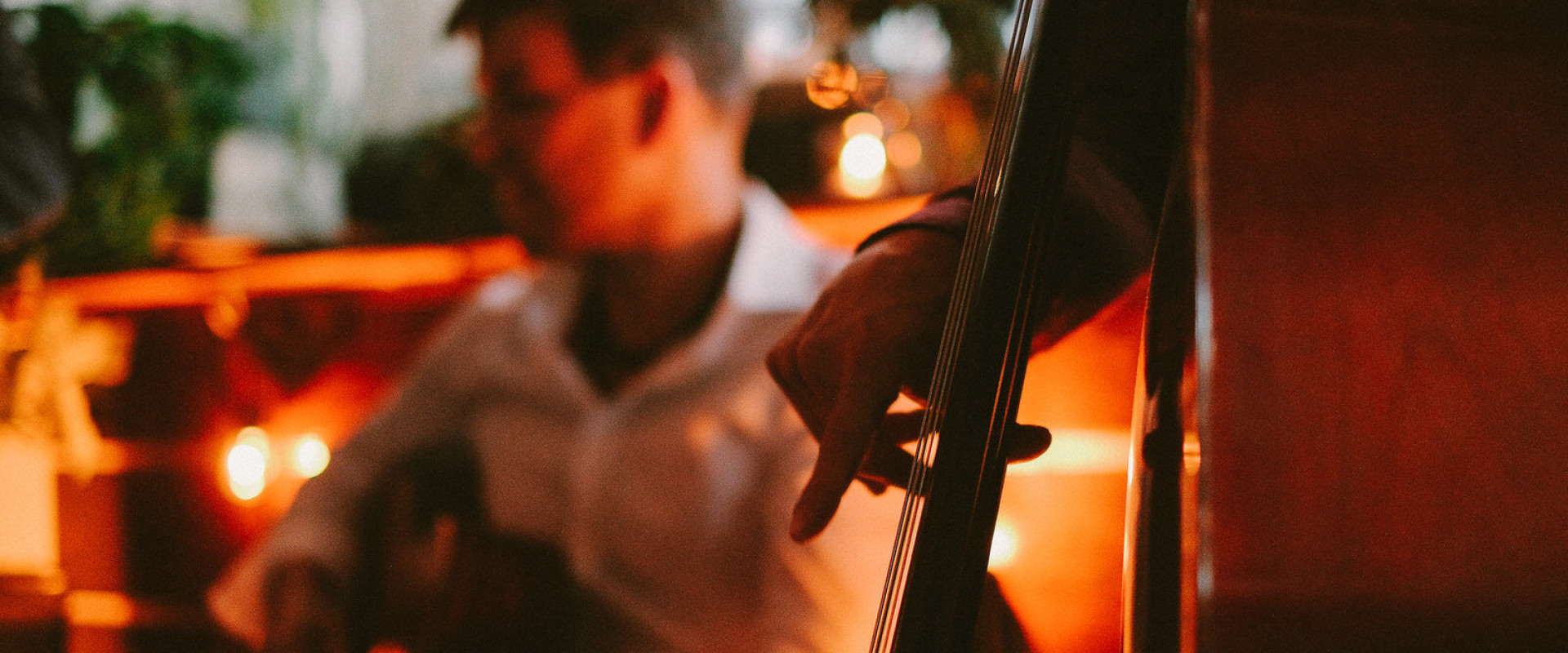 A hand close up playing the stand up bass and a person playing guitar to the right of him. 