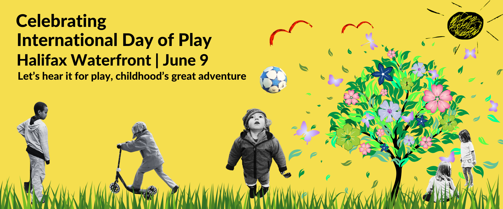 Collage of children playing with tree and sun cutouts