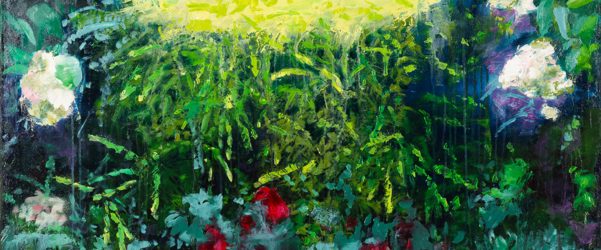 a garden scene surrounded by white and red flowers, with bright green grass at the center