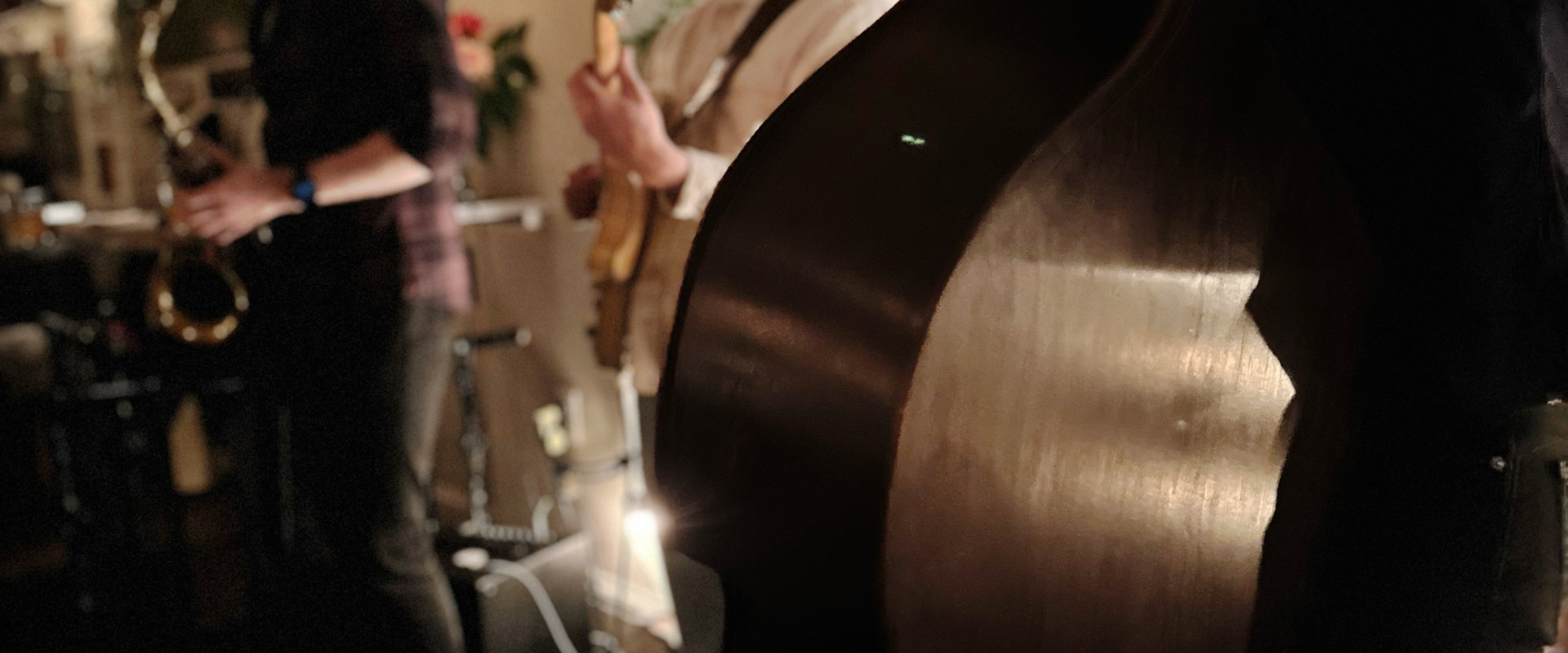 A stand up bassist with Gabe Mink and a saxophonist in the background.