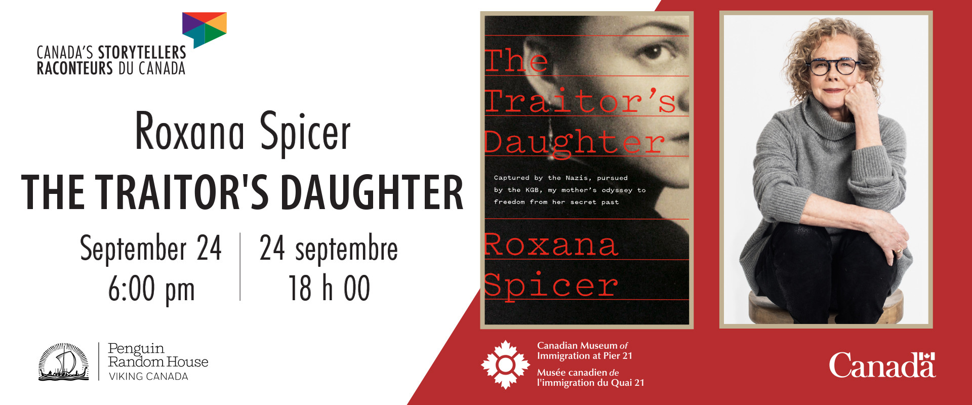 Event information beside a portrait of seated white woman resting her chin on her fist, and the cover of Spicer’s book.