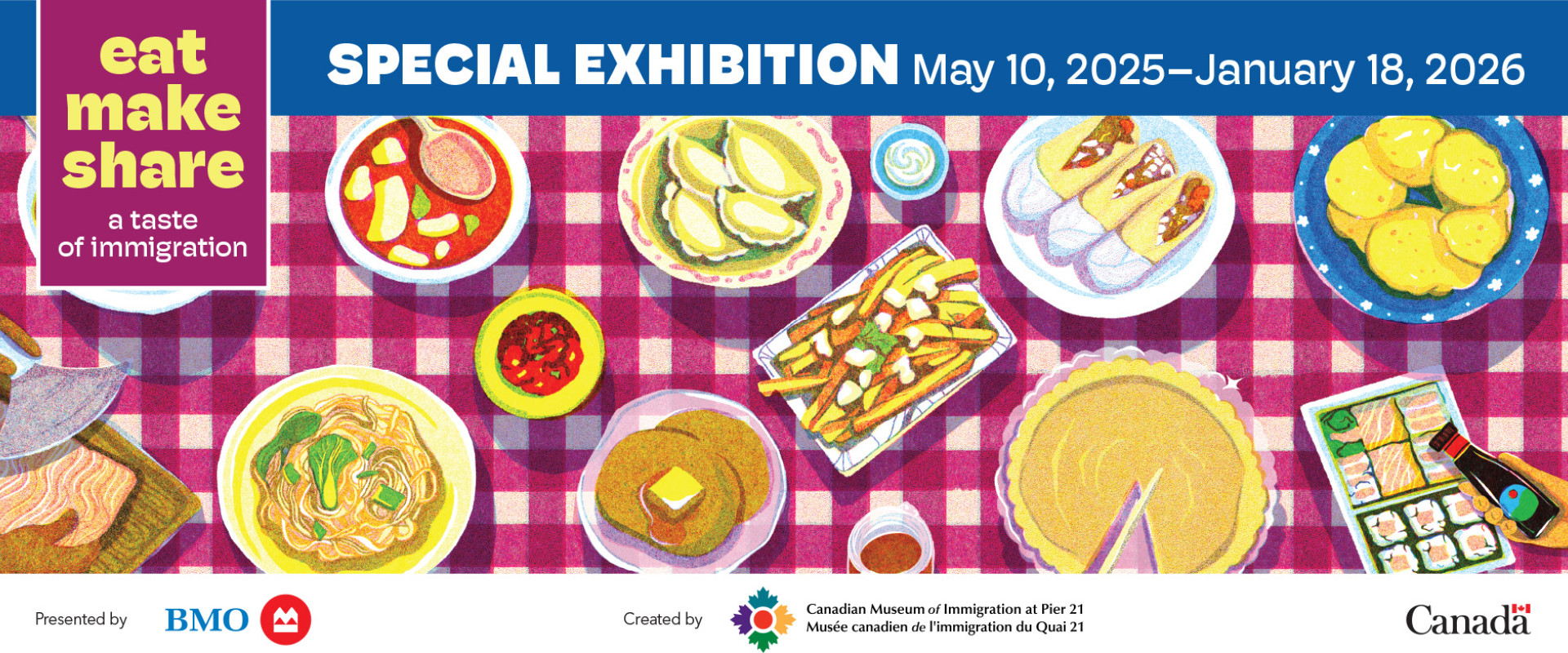 Exhibition information with a checkered tablecloth and illustrated dishes of cultural food.