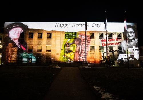 Light Show honouring Elder Rita Joe for Heritage Day on the former Halifax Memorial Library at Grafton Park. 