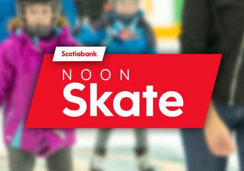 Photo of people skating on ice with a red square containing words "Scotiabank Centre Noon Skate"